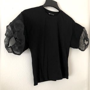 Zara Black T Shirt with Puffy Tulle Shoulders